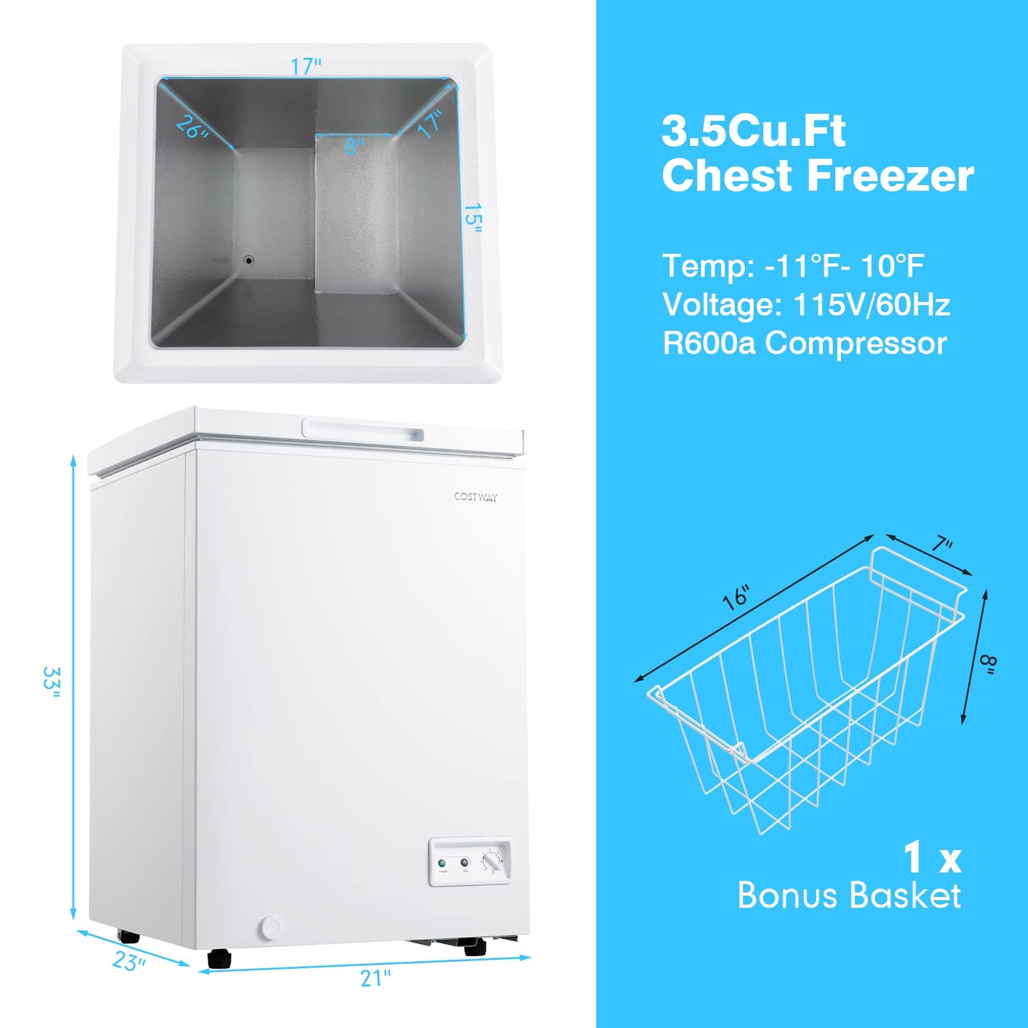 ARLIME Chest Freezer 3.5 Cu.ft Quiet Small Deep Freezer with Top Open Door & Removable Basket