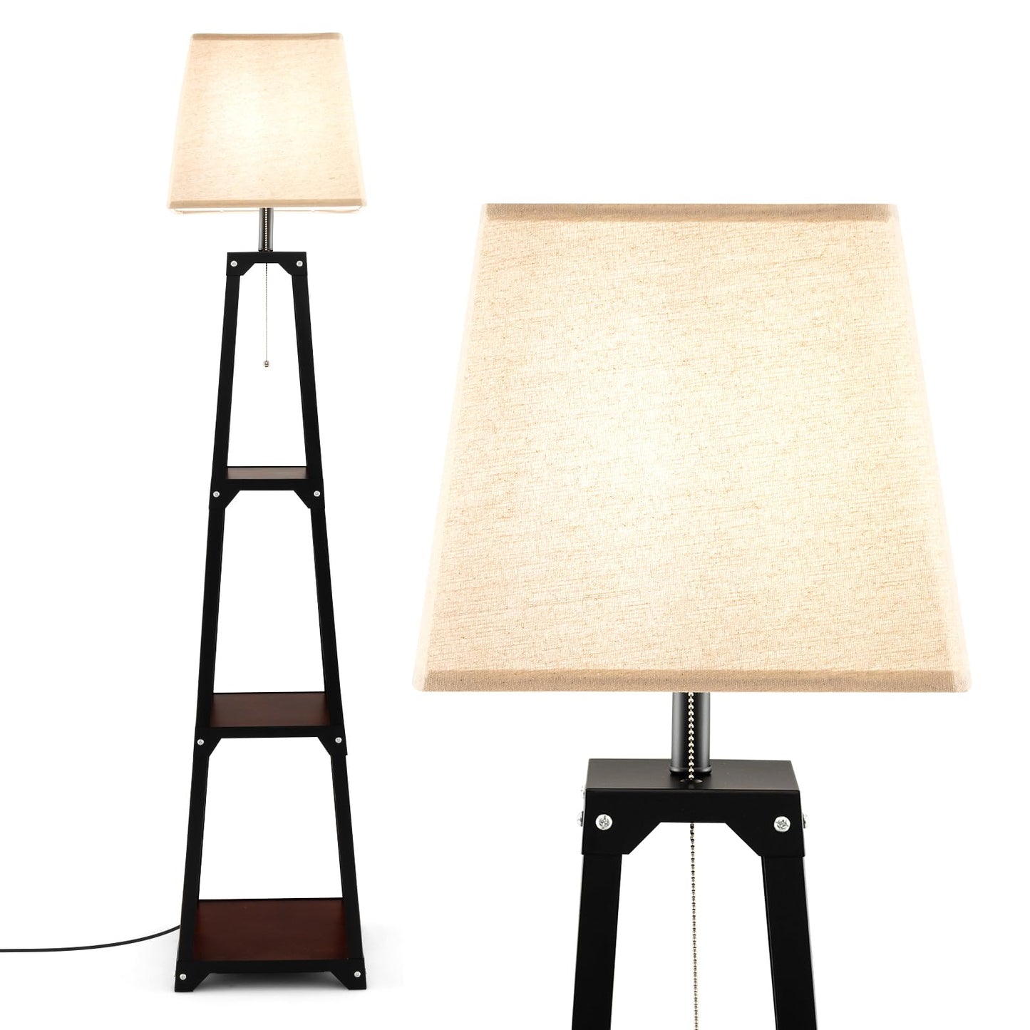 ARLIME Shelf Floor Lamp, Modern Wood Square Standing Lamp with 3 Tiers Shelves and Linen Shade