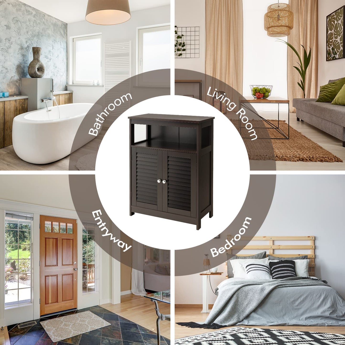 Wooden Side Storage Organizer with Louver Doors & Removable Shelf