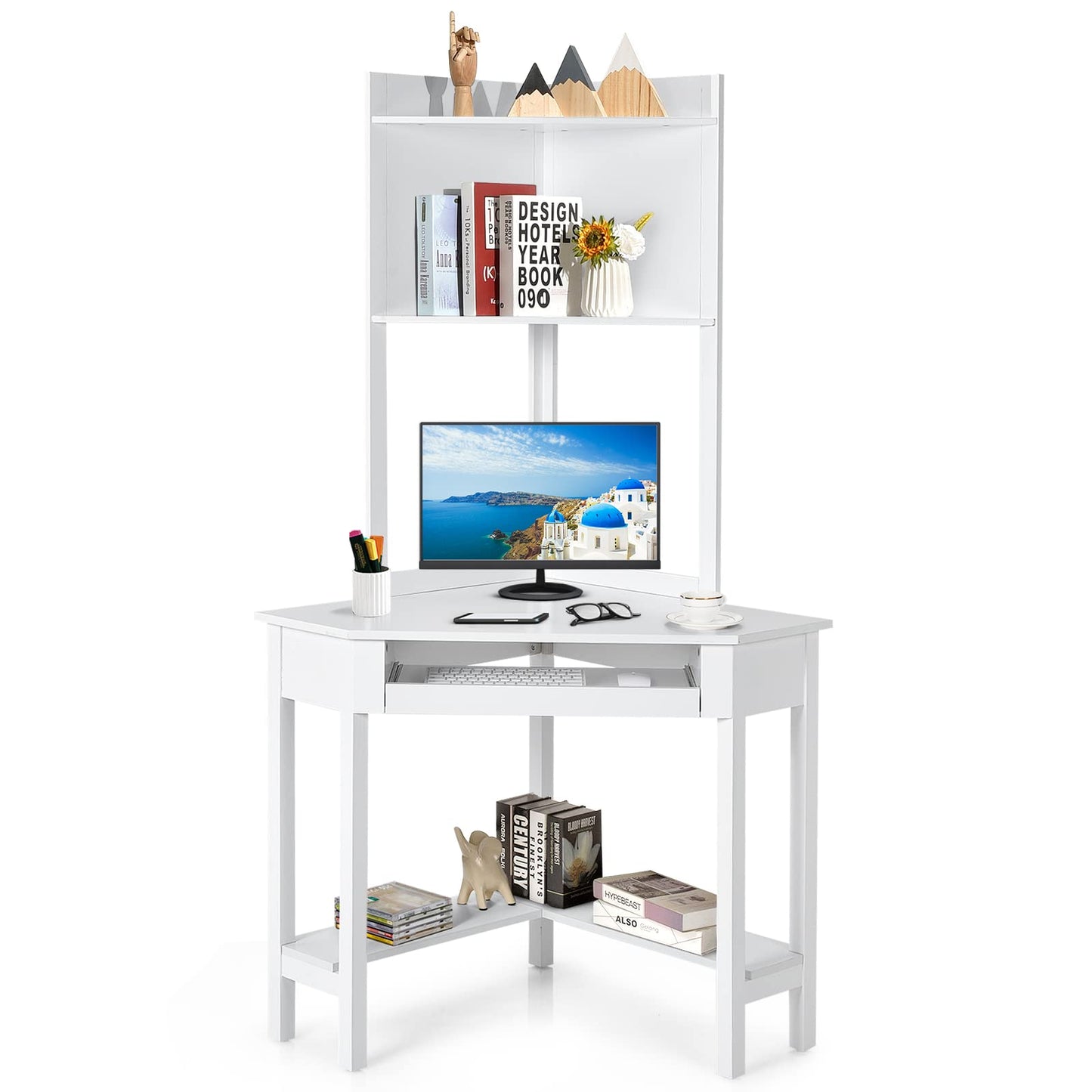Corner Desk with Keyboard Tray & Bottom Shelves for Small Space