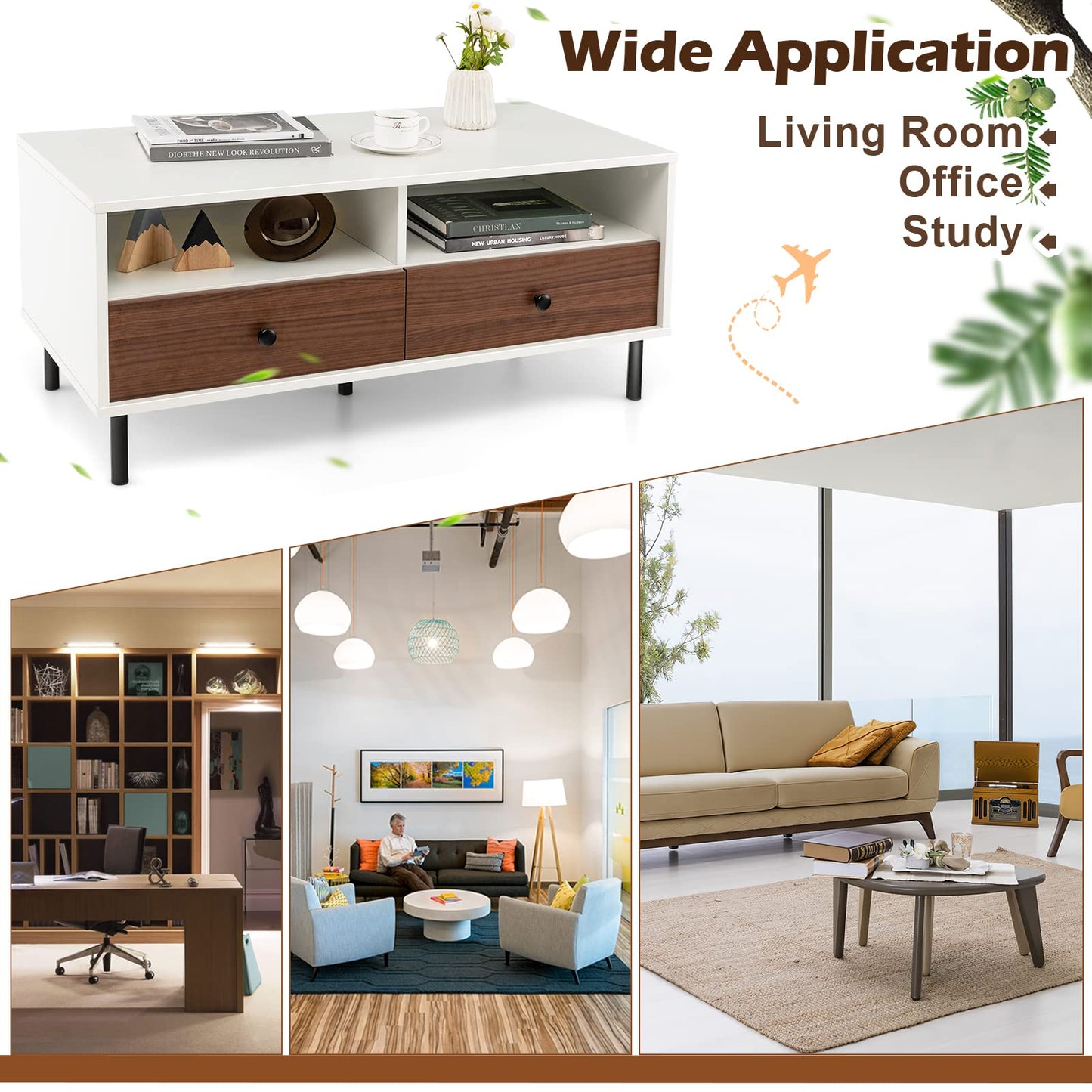 Modern Coffee Table with Storage Rectangle Sofa Center Table with 2 Open Shelves & 2 Drawers