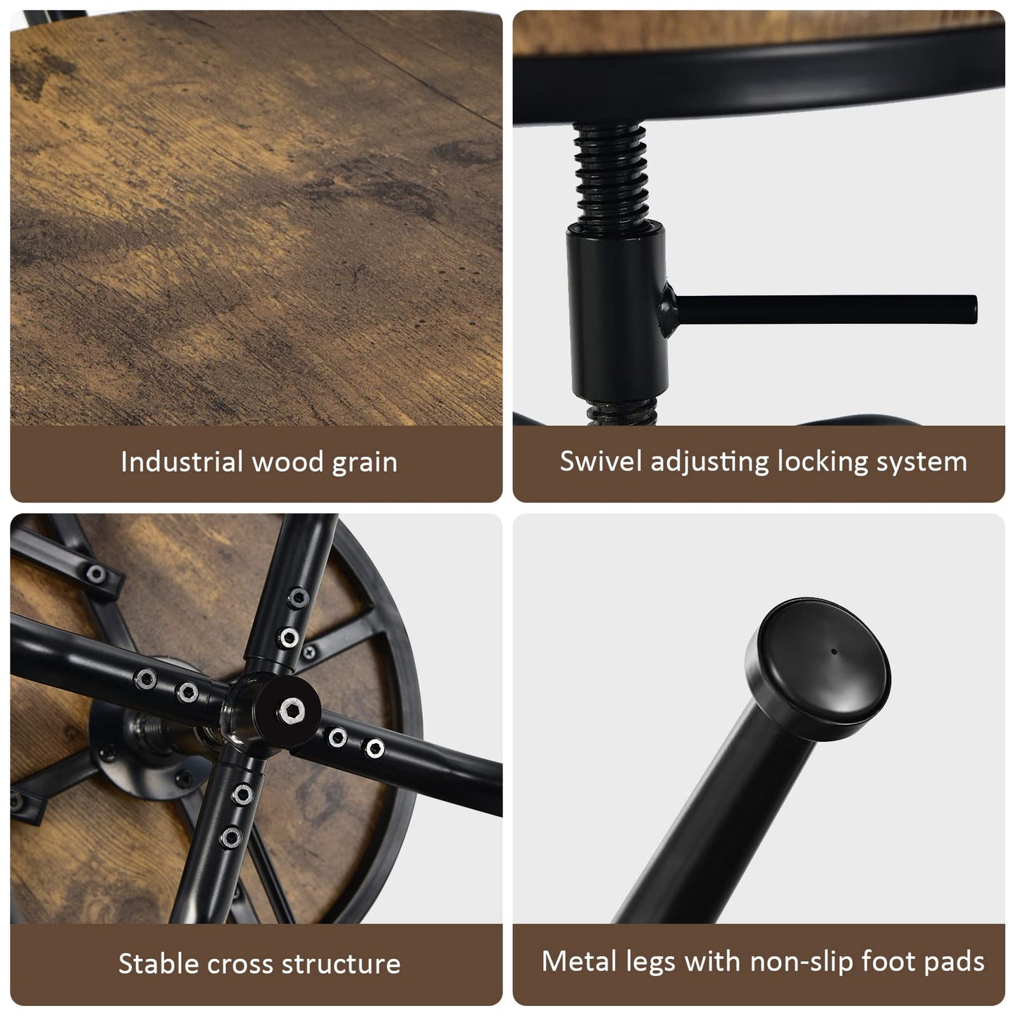 Industrial Bar Stool Set of 2 Vintage Adjustable Swivel Counter Height Kitchen Dining Chair with Arc-Shaped Backrest