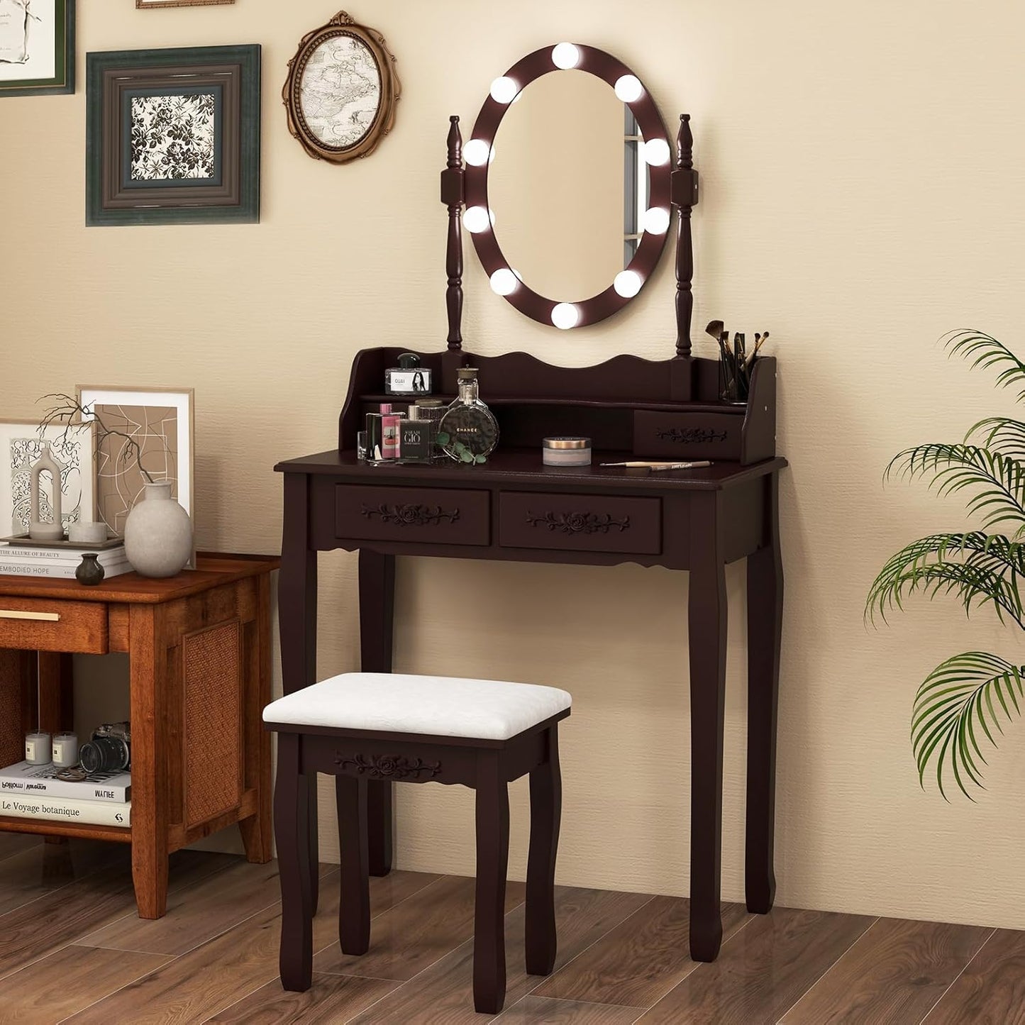 Vanity Desk with Lights 2-in-1 Makeup Table with 3 Modes Adjustable Lighted LED Mirror & Cushioned Stool