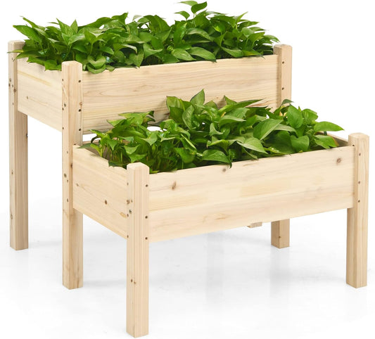 2-Tier Wooden Elevated Planter Box Stand with Legs for Vegetables Flowers Herbs