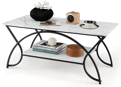 2-Tier Coffee Table Industrial Wood Accent Table with Storage Shelf and Black Finished Metal Frame