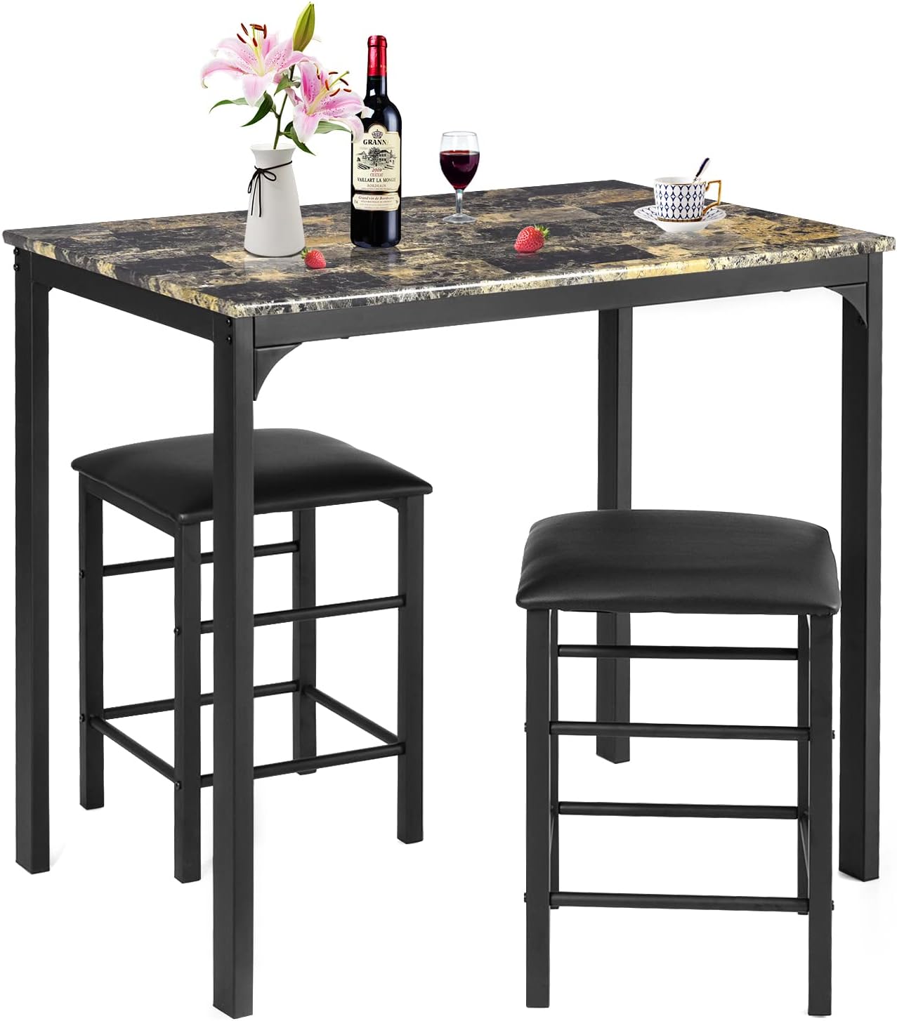 3-Piece Dining Table Set for 2 Bar Table with Counter Height Faux Marble Tabletop