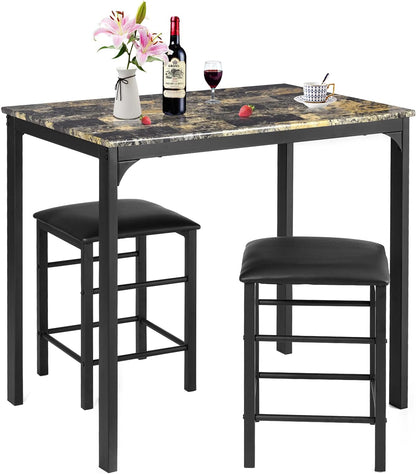 3-Piece Dining Table Set for 2 Bar Table with Counter Height Faux Marble Tabletop