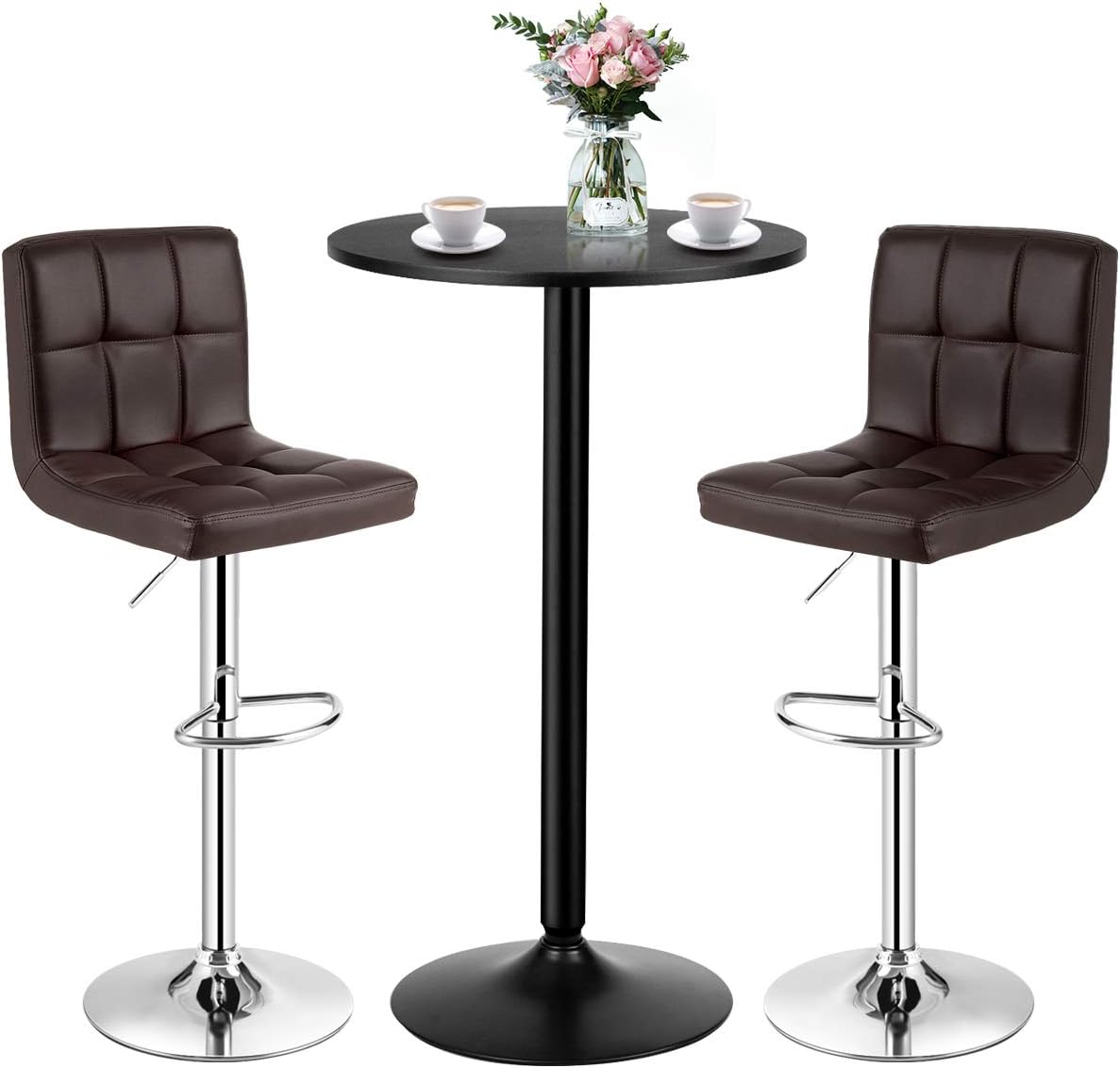 3-Piece Bar Table Set-Round Cocktail Table and PU Leather Adjustable Swivel Chairs