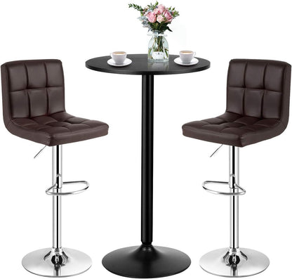 3-Piece Bar Table Set-Round Cocktail Table and PU Leather Adjustable Swivel Chairs