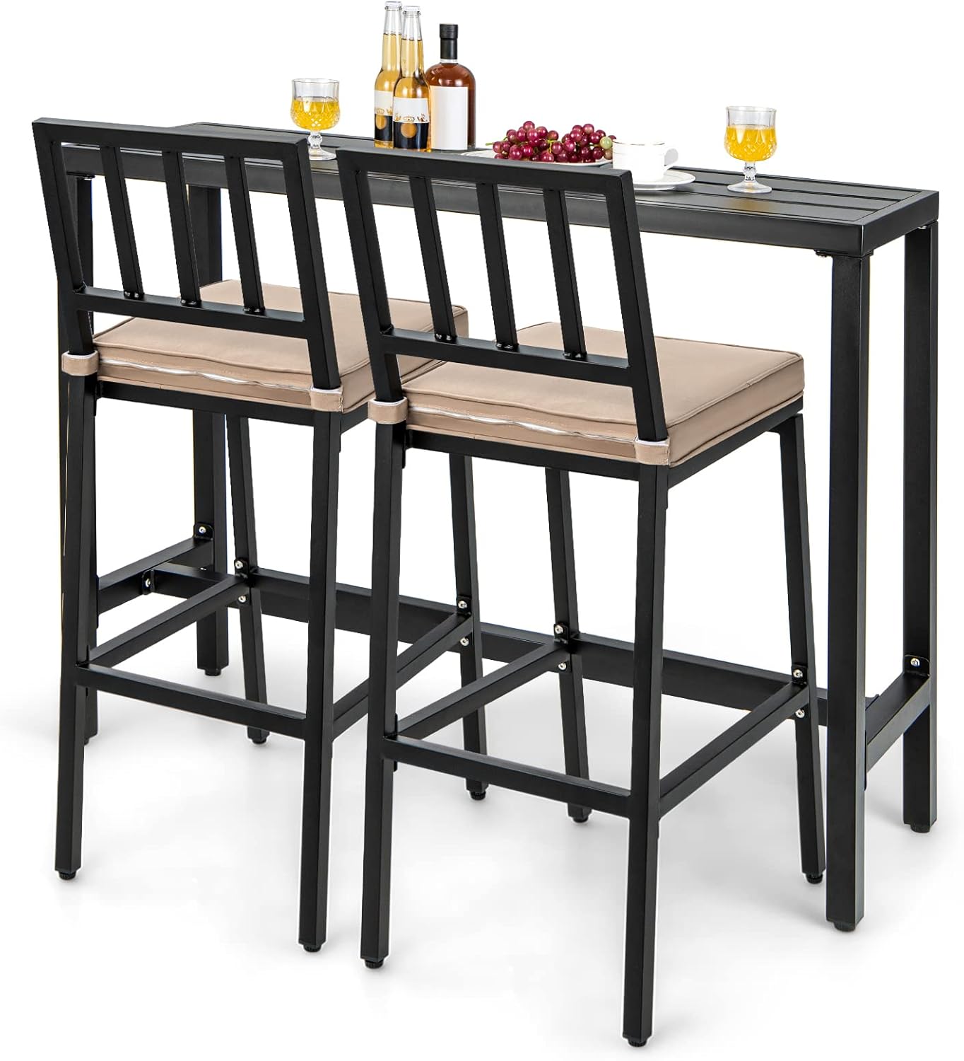 3 Piece Outdoor Patio Bar Set 55"/48" Rectangular Pub Height High Top Bar Table with 2 Cushioned Bar Stools