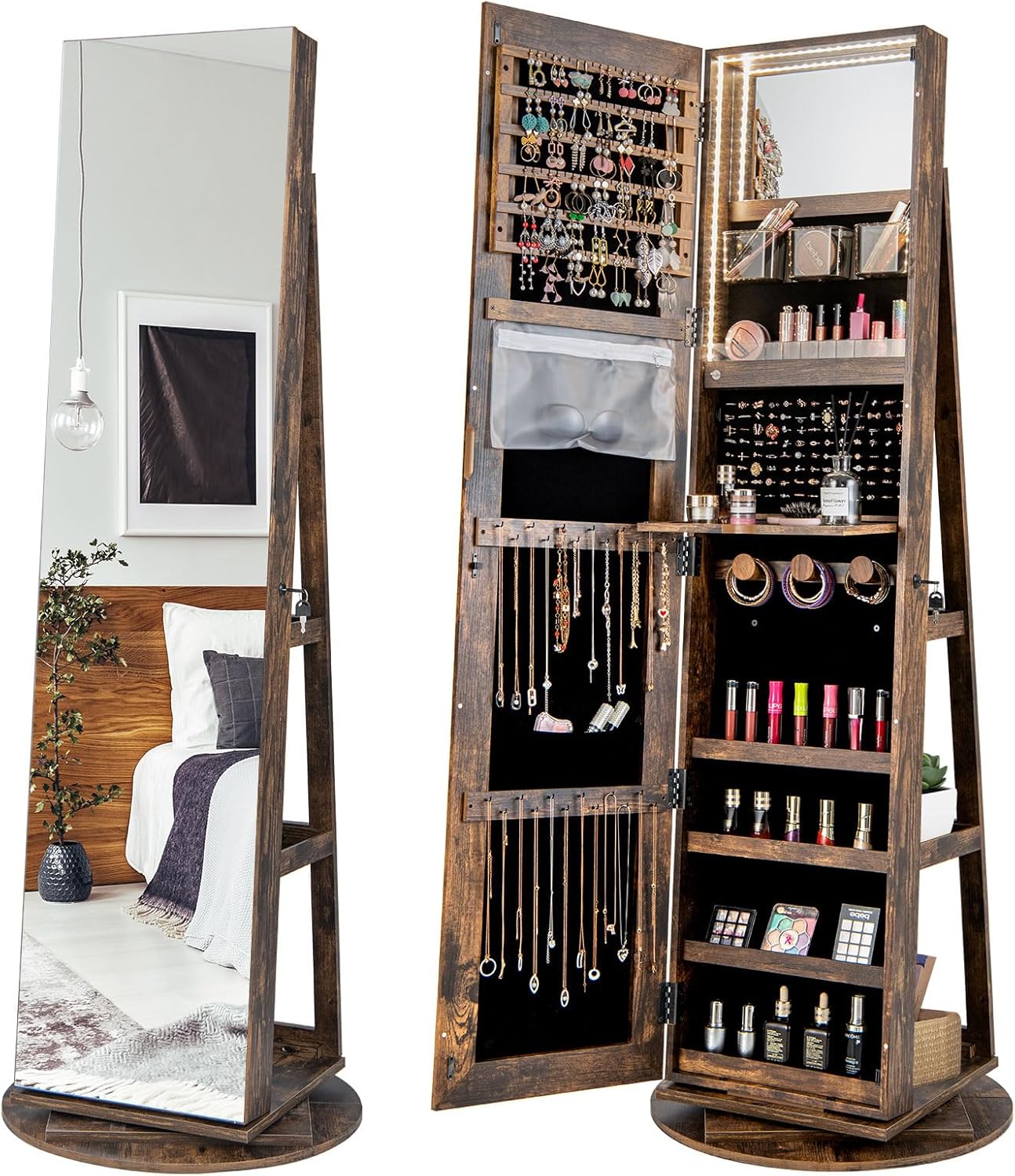 360° Rotating Mirrored Jewelry Cabinet Armoire 3 Color LED Modes Lockable