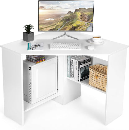 Corner Computer Desk Space-Saving Triangular Writing Desk w/ 2 Storage Shelves & 2 Cable Holes