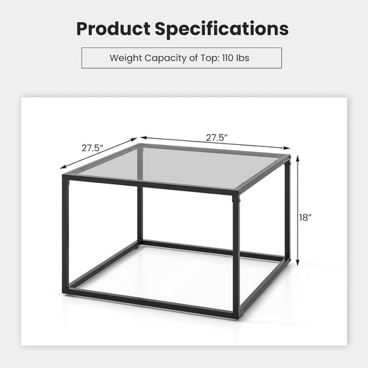 27.5” Square Glass Top Accent Table with Metal Frame
