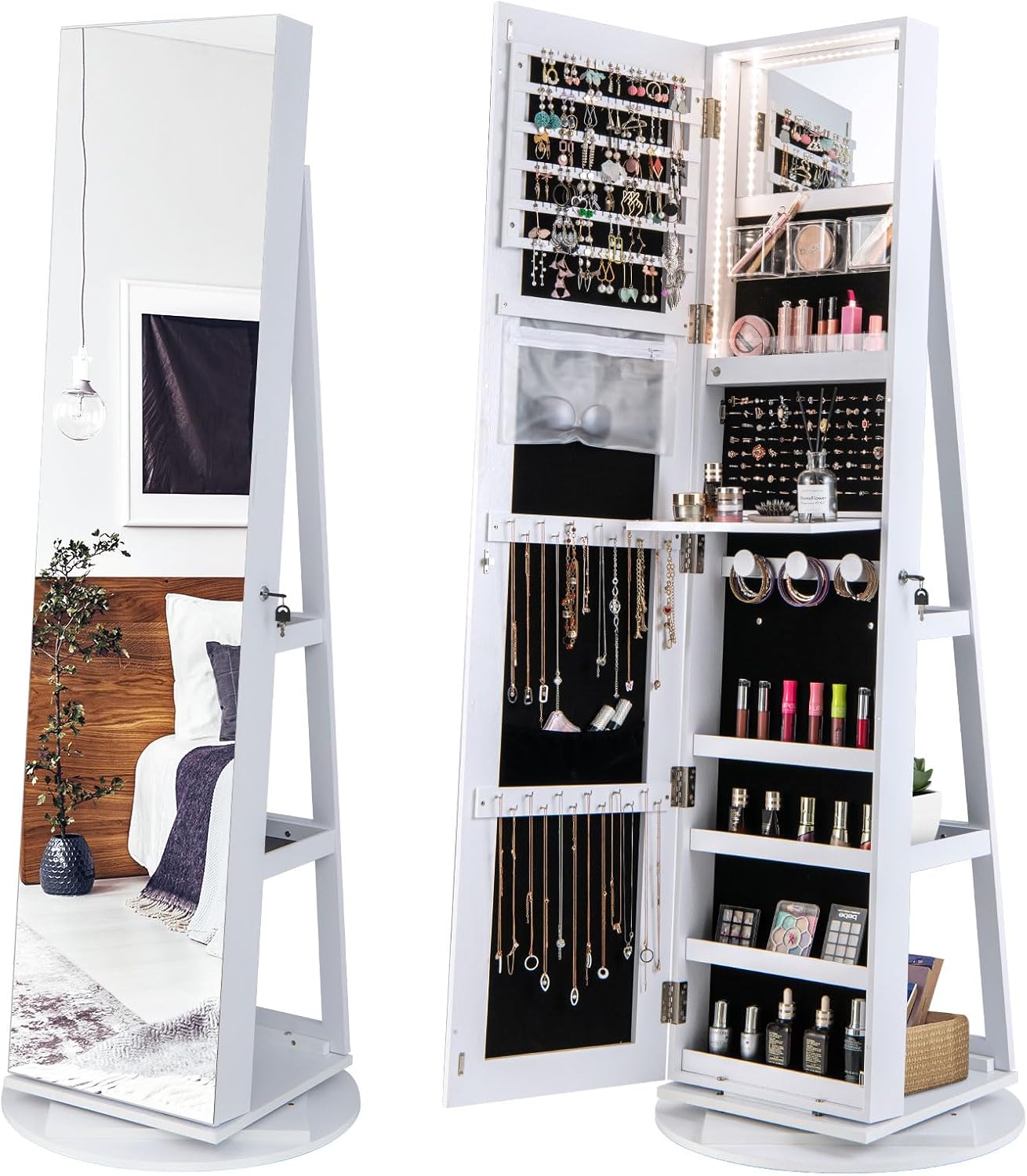 360° Rotating Mirrored Jewelry Cabinet Armoire 3 Color LED Modes Lockable