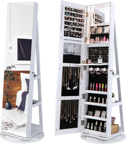 360° Rotating Mirrored Jewelry Cabinet Armoire 3 Color LED Modes Lockable
