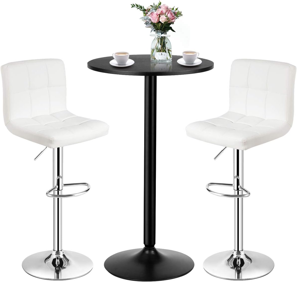 3-Piece Bar Table Set-Round Cocktail Table and PU Leather Adjustable Swivel Chairs