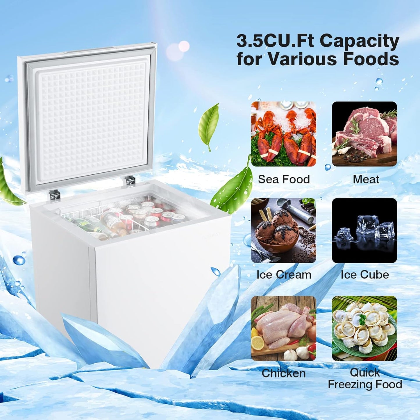 ARLIME Chest Freezer 3.5 Cu.ft Quiet Small Deep Freezer with Top Open Door & Removable Basket
