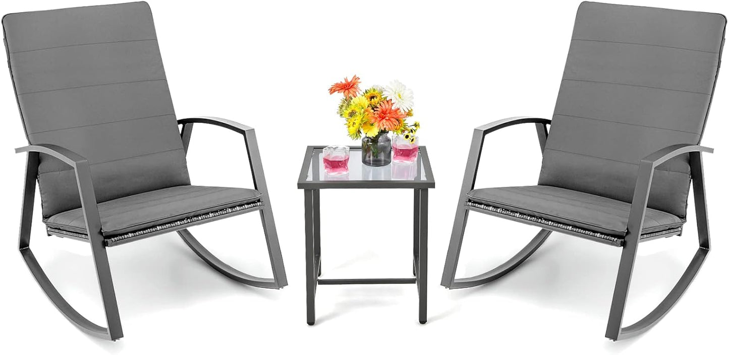 3 Pieces Rocking Chair Set Patio Rattan Bistro Set with Tempered Glass Top Side Table