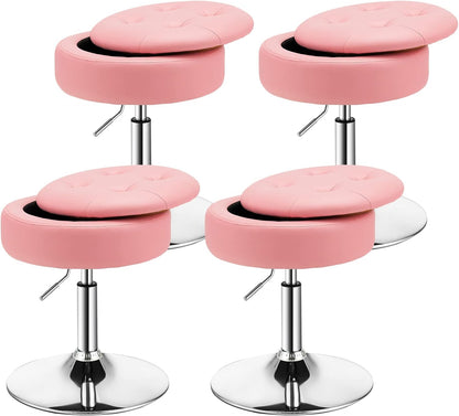 Adjustable Swivel Vanity Stool 360° Swivel 20"-26" Height Adjustable Tufted Round PU Leather Ottoman with Storage