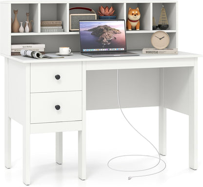 Writing Desk with USB Charging Ports & Power Outlets 48" Computer Desk with Drawers & 5-Cubby Hutch