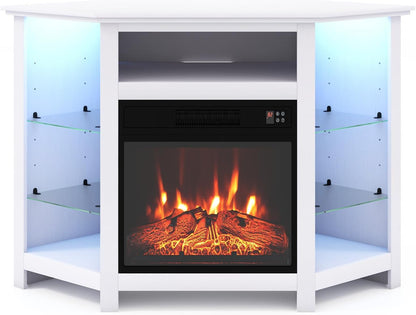 Corner Fireplace TV Stand with LED Lights for TVs up to 50”, Modern Entertainment Center with Electric Fireplace