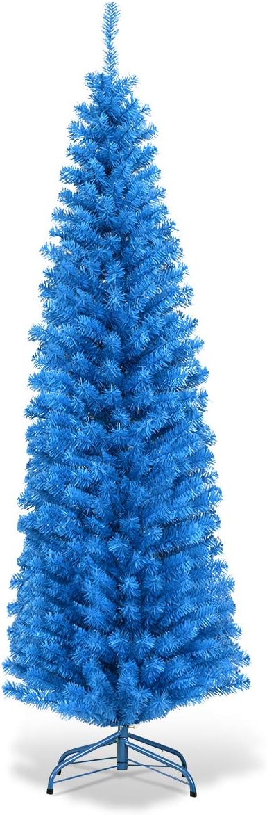 6FT Snow Flocked Pencil Slim Christmas Tree Artificial Hinged Xmas Tree with Metal Stand