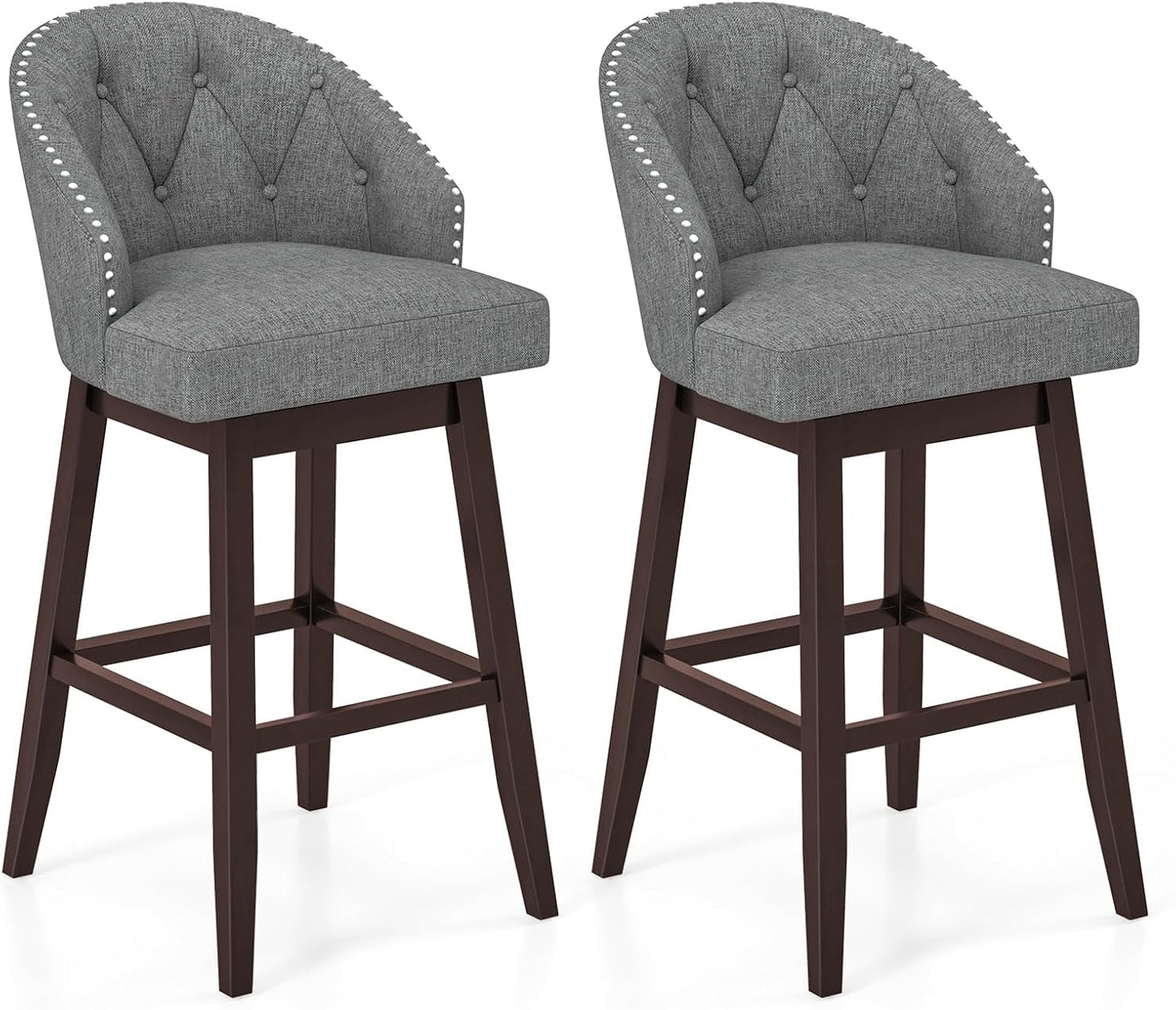 31" Bar Stools Set of 2 Swivel Bar Stools with Rubber Wood Legs & Padded Back