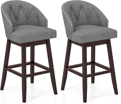31" Bar Stools Set of 2 Swivel Bar Stools with Rubber Wood Legs & Padded Back