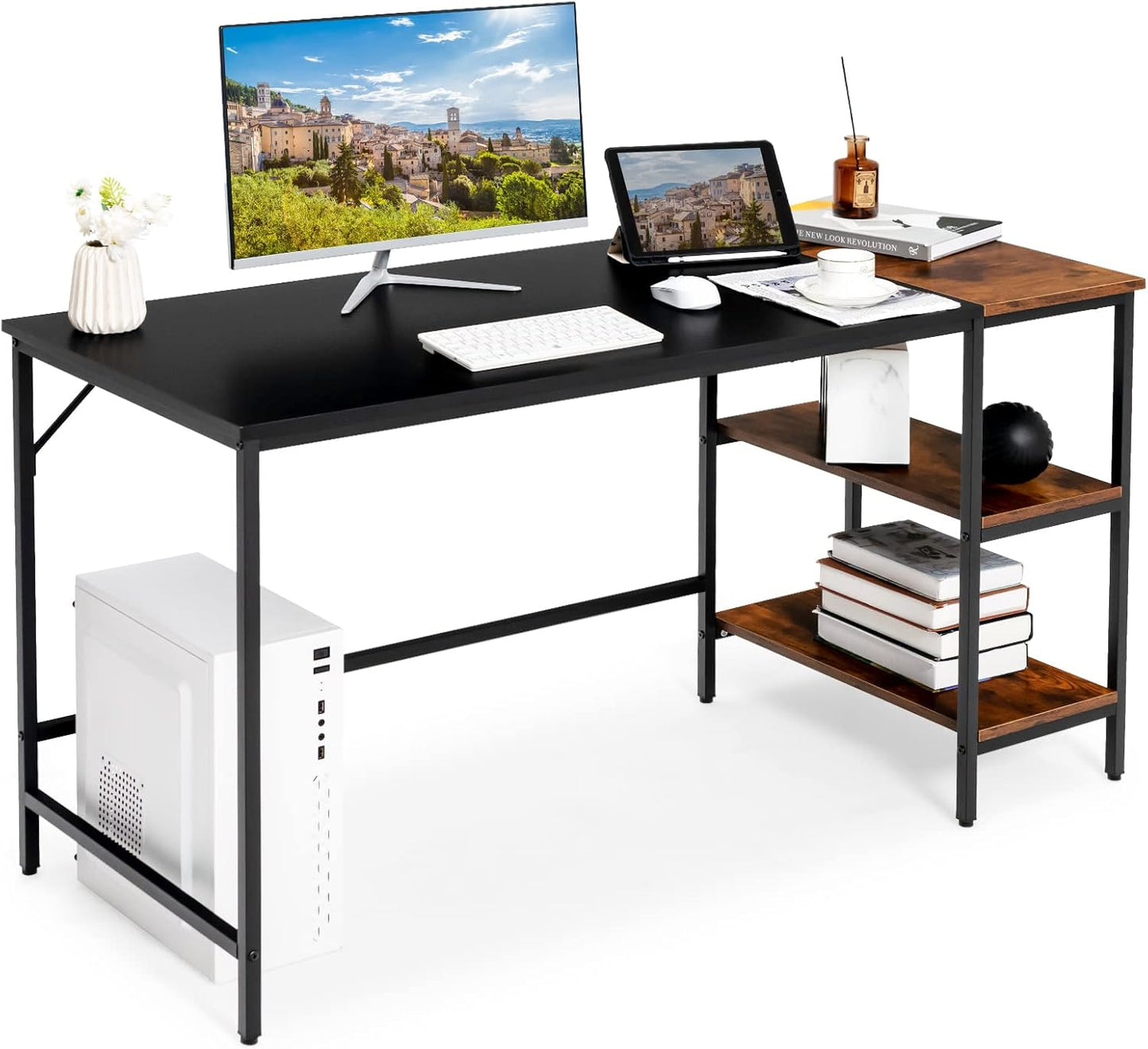 55 Inch Modern Industrial Style Study Writing Desk with 2 Storage Shelves