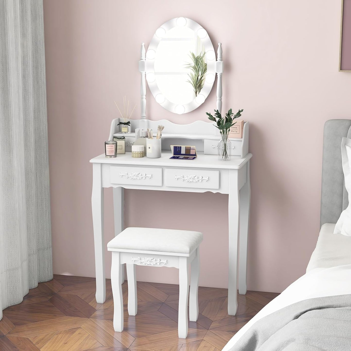 Vanity Desk with Lights 2-in-1 Makeup Table with 3 Modes Adjustable Lighted LED Mirror & Cushioned Stool