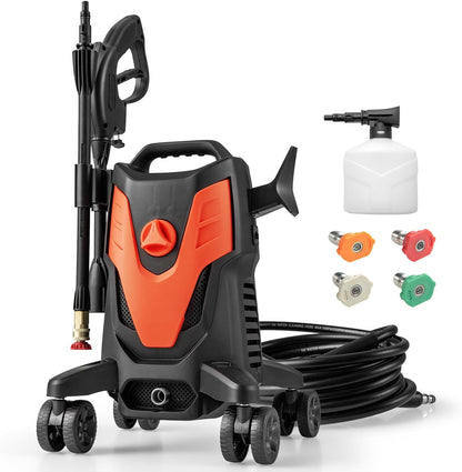 Electric Pressure Washer with 4 Universal Wheels, 2400 PSI High Pressure Cleaner Machine with 4 Nozzles and Soap Bottle
