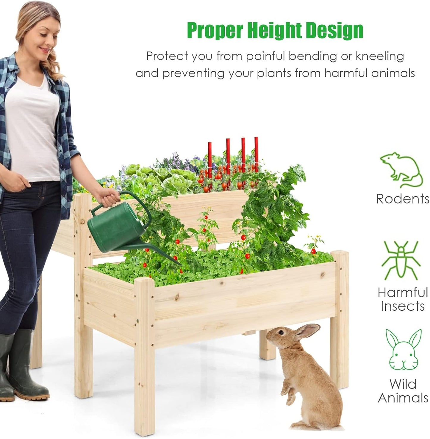 2-Tier Wooden Elevated Planter Box Stand with Legs for Vegetables Flowers Herbs