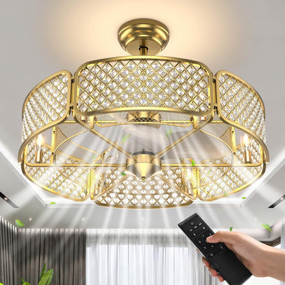 Caged Ceiling Fan with Light, 30 Inch Crystal Ceiling Fan with 6 Light Bases, 3 Fan Blades & Remote Control