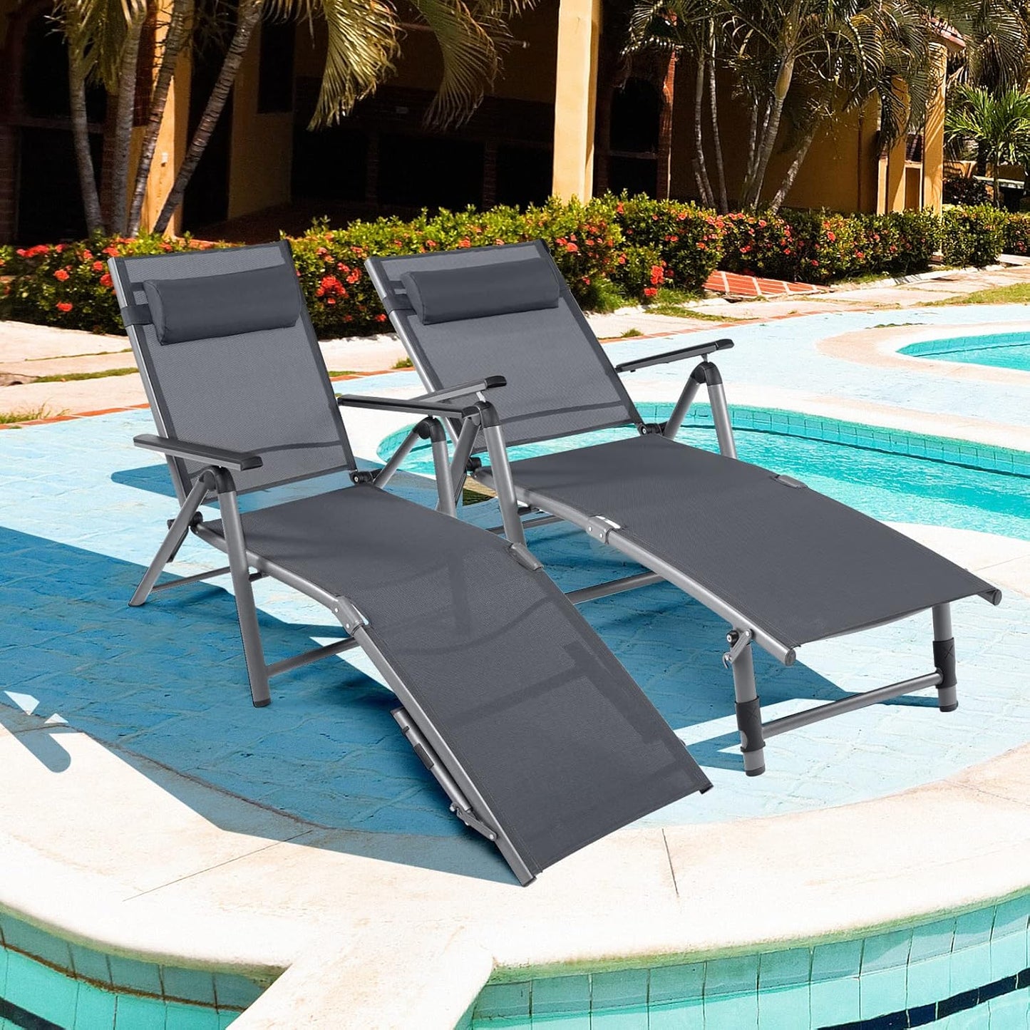 Folding Aluminum Lounge Chair Outdoor Pool Lounger with 8-Position Adjustable Backrest & Ergonomic Headrest