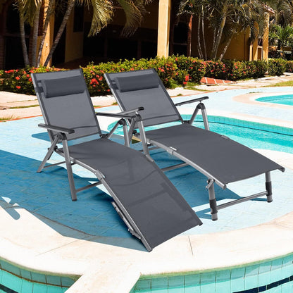 Folding Aluminum Lounge Chair Outdoor Pool Lounger with 8-Position Adjustable Backrest & Ergonomic Headrest