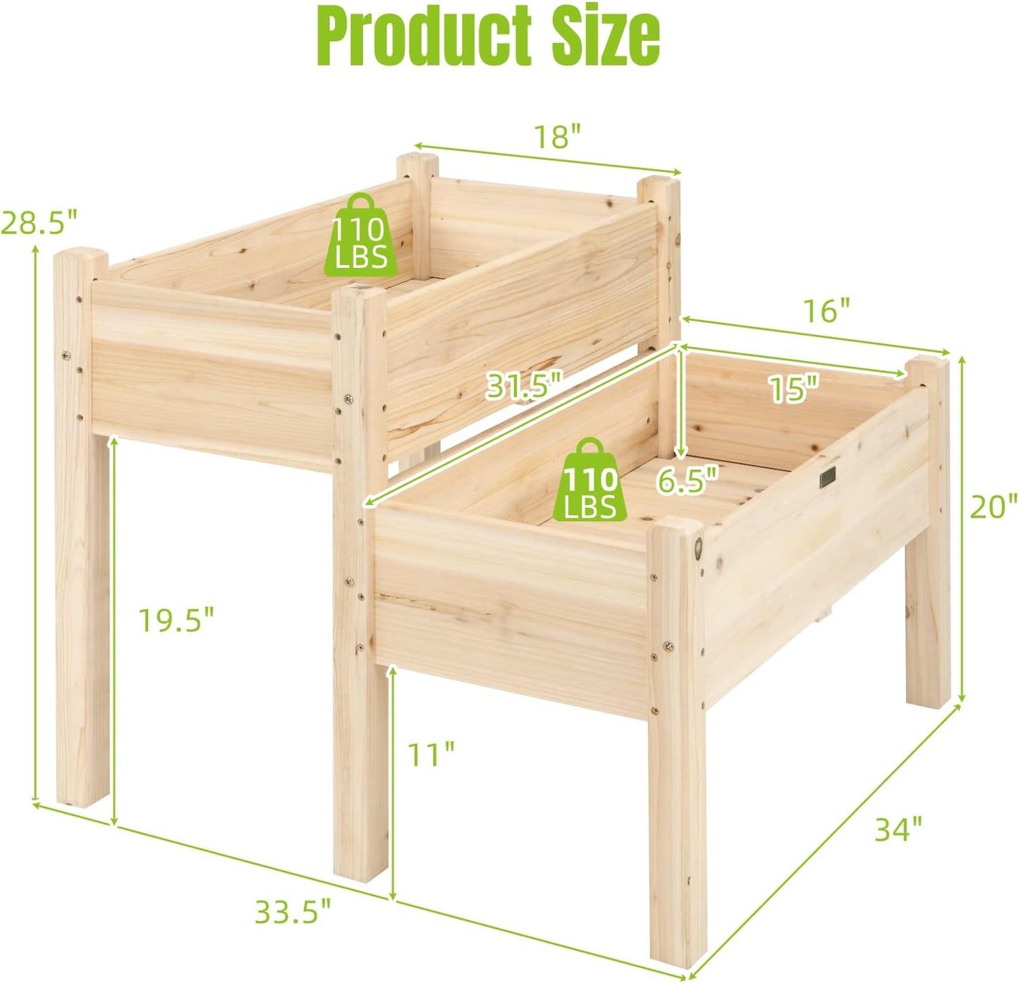2-Tier Wooden Elevated Planter Box Stand with Legs for Vegetables Flowers Herbs