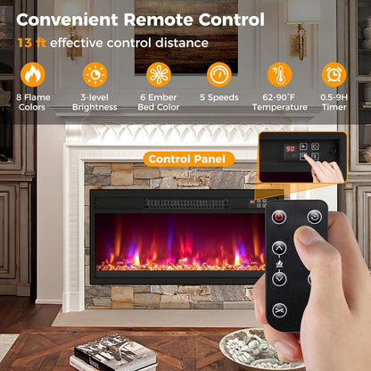 26 Inch Recessed Fireplace Heater, Electric Fireplace Insert w/Multi-Color Flame & Crystal Ember Bed