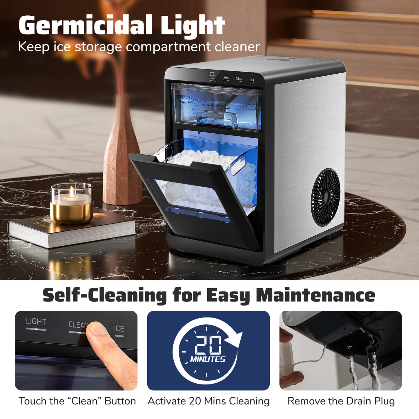 44 lbs/24H Chewable Sonic Ice Machine, Pull-out Water Tank & Touch Control Panel for Home
