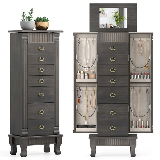 Standing Jewelry Cabinet with 7 Drawers Flip-Top Mirror & 2 Side Doors