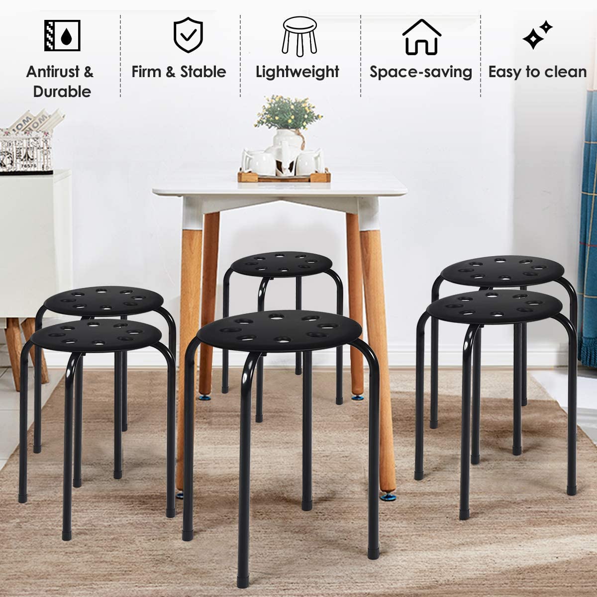 6-Pack Round Plastic Stack Stools 17.5-inch Height Backless