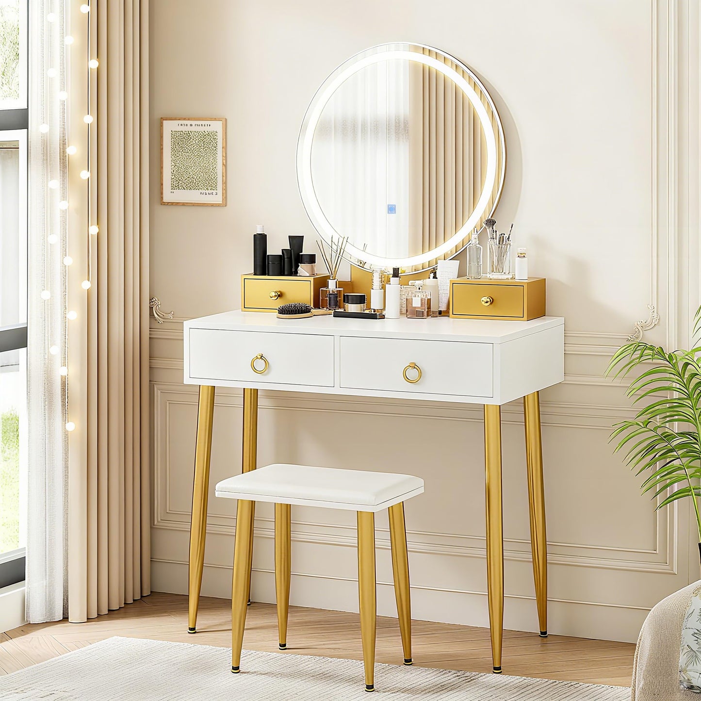 Vanity Table Set with Mirror and Lights w/ 3 Color Lighting Modes & Adjustable Brightness