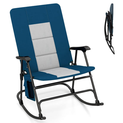 Oversized Folding Rocking Camping Chair Padded Portable Outdoor Rocker with Side Pocket and Hard Armrests for Patio