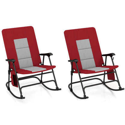 Oversized Folding Rocking Camping Chair Padded Portable Outdoor Rocker with Side Pocket and Hard Armrests for Patio