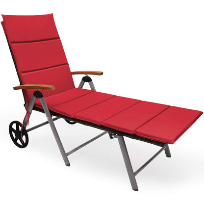 Folding Rattan Lounge with Wheels Aluminum Patio Lounger with 7 Adjustable Positions