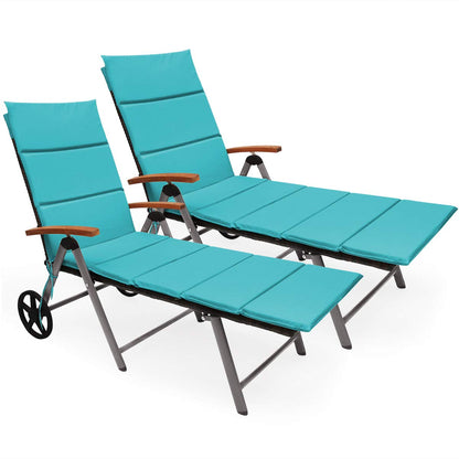 Folding Rattan Lounge with Wheels Aluminum Patio Lounger with 7 Adjustable Positions