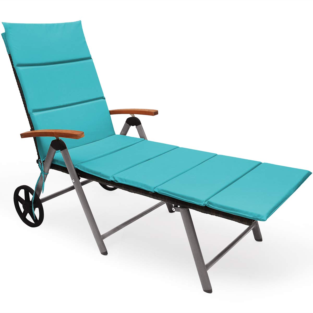 Folding Rattan Lounge with Wheels Aluminum Patio Lounger with 7 Adjustable Positions