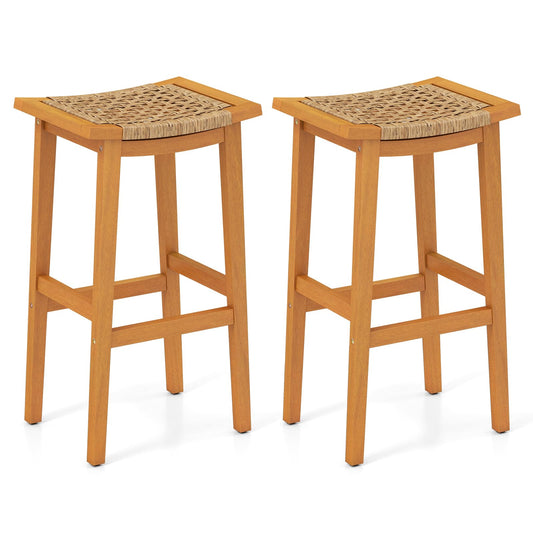Outdoor PE Rattan Saddle Stools with Acacia Wood Footrests
