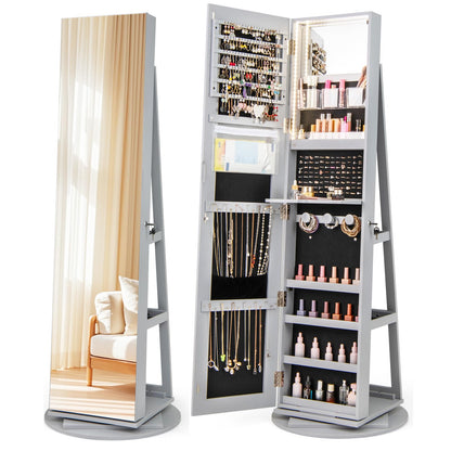 360° Rotating Mirrored Jewelry Cabinet Armoire 3 Color LED Modes Lockable