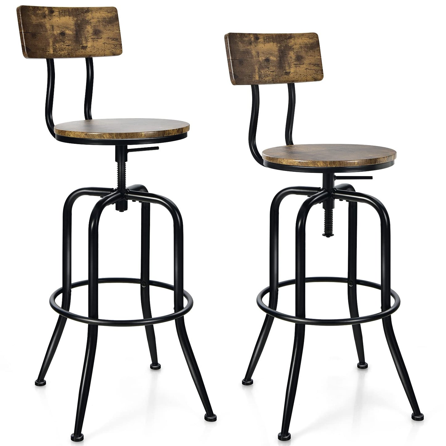 Industrial Bar Stool Set of 2 Vintage Adjustable Swivel Counter Height Kitchen Dining Chair with Arc-Shaped Backrest