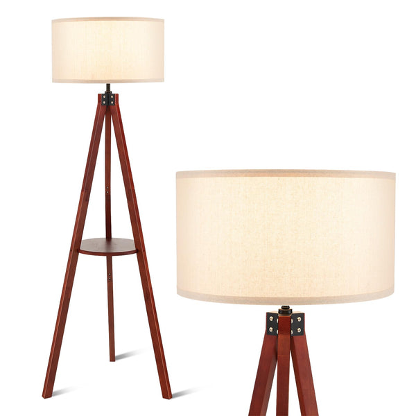 ARLIME Tripod Floor Lamp, Mid Century Wood Standing Lamp with Storage Shelves